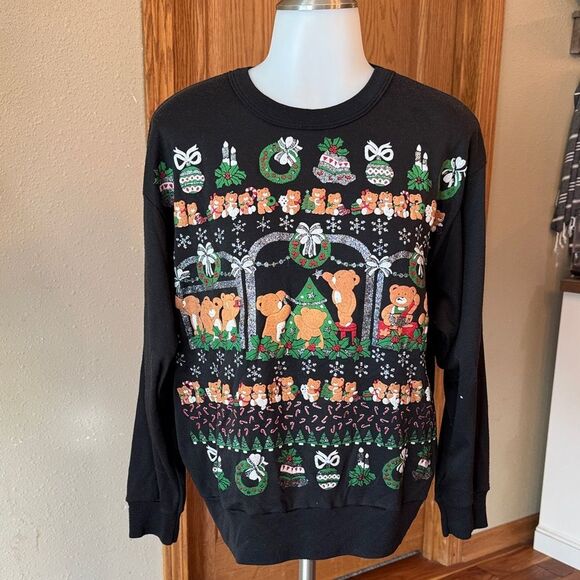 KNITPICKS Vintage 80s Glitter Puff Paint Teddy Bear Holiday Christmas Sweatshirt - Picture 2 of 9